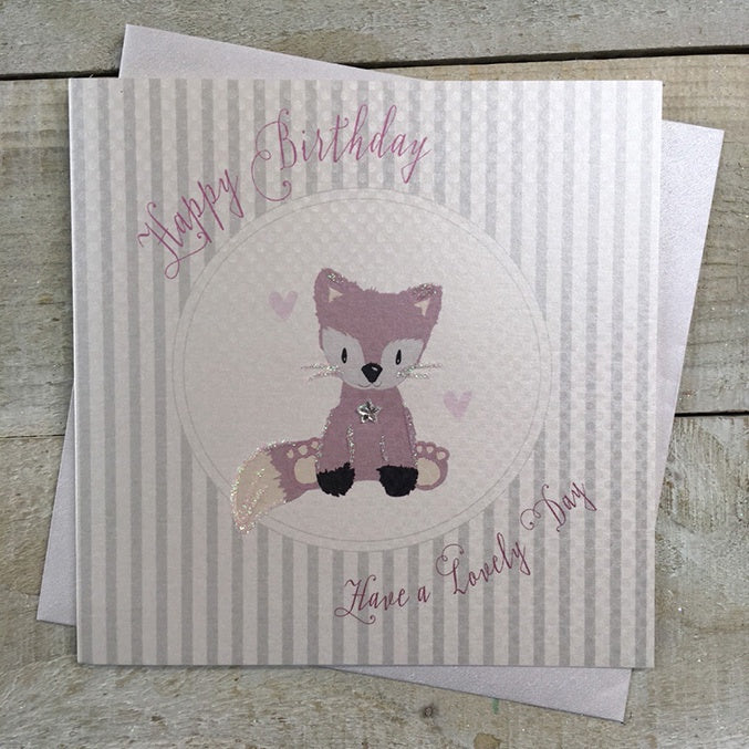 Childrens Card: Pink Fox Hand Finished - White Cotton Cards