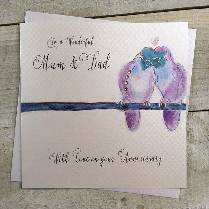 Anniversary Card: Mum & Dad Lovebirds Hand Finished Crystals & Glitter