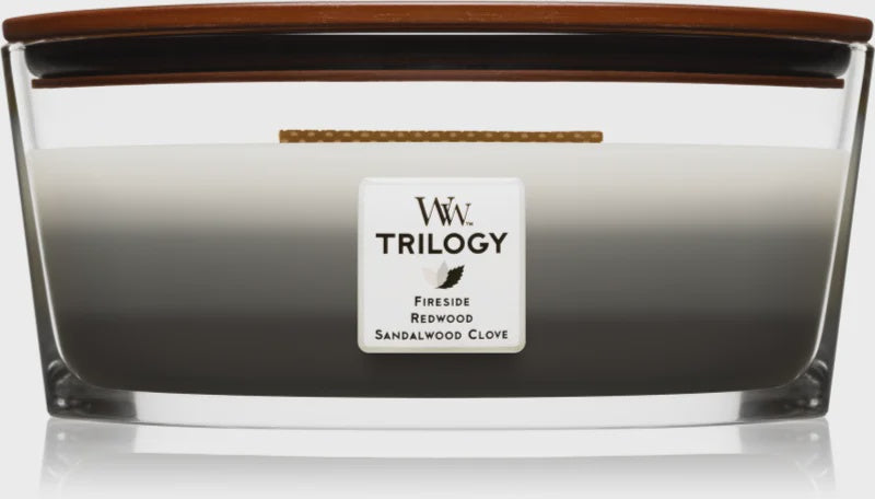 Candle : Scented Hearthwick Trilogy Glass Ellipse w Wood Lid Stand 16oz - Warm Woods