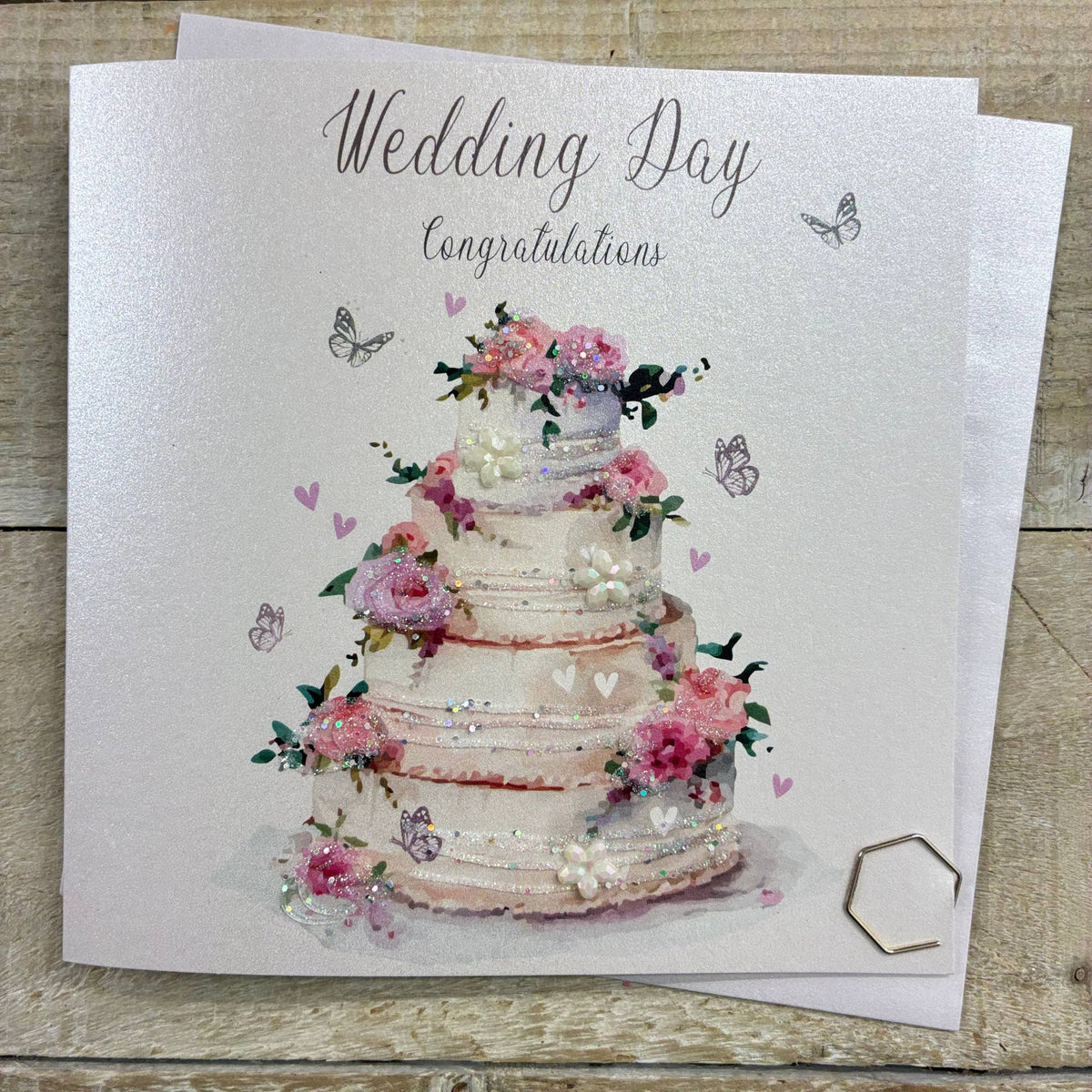 Wedding Card: Wedding Cake & Flowers Crystals & Glitter Hand Finished - White Cotton Cards