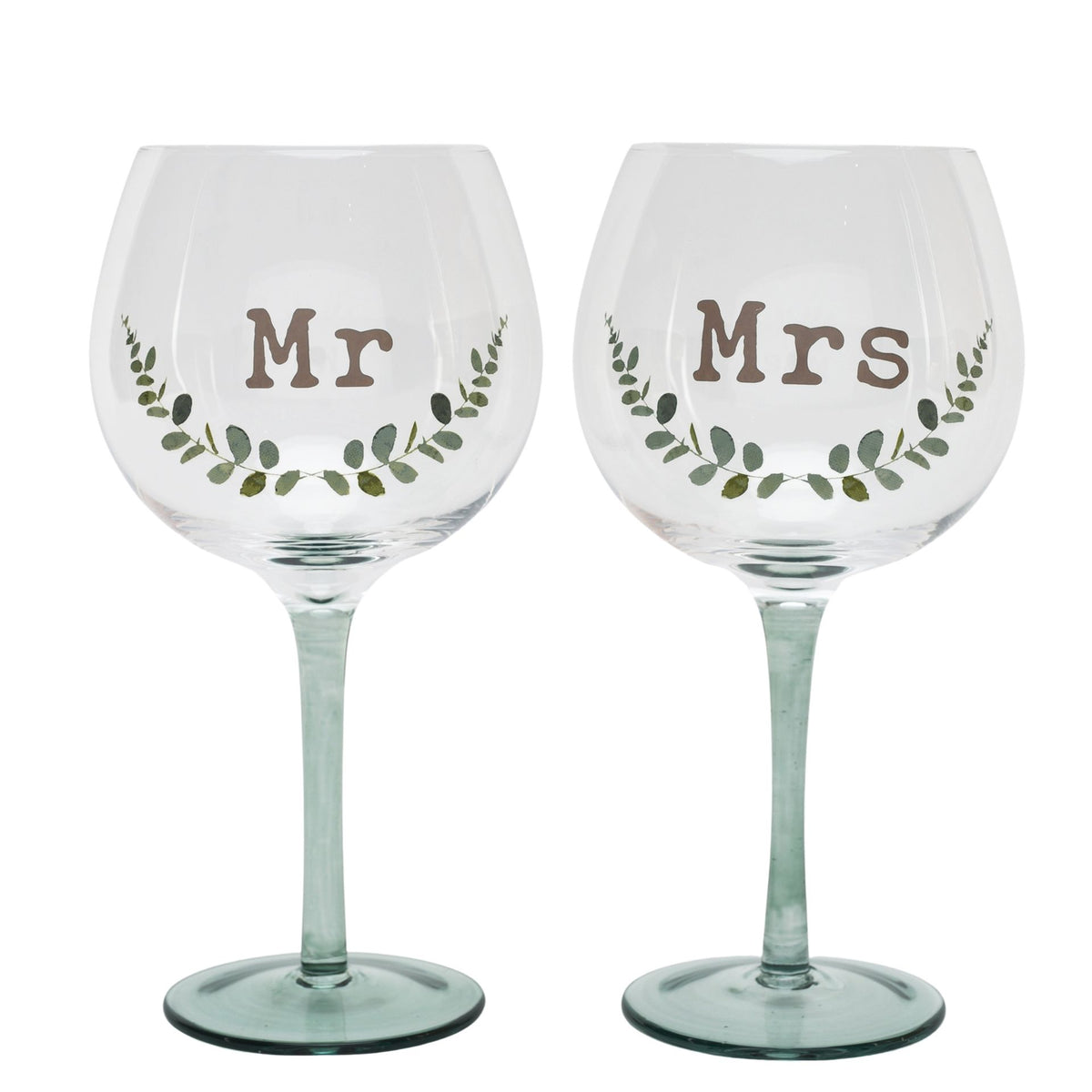 Gin Glasses Set of 2: Wedding Mr & Mrs - Gold & Green - Love Story