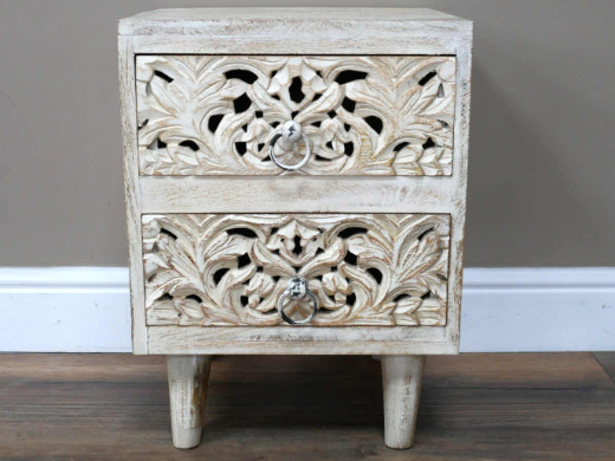 Bedside Cabinet: Solid Wood Carved Drawers - White