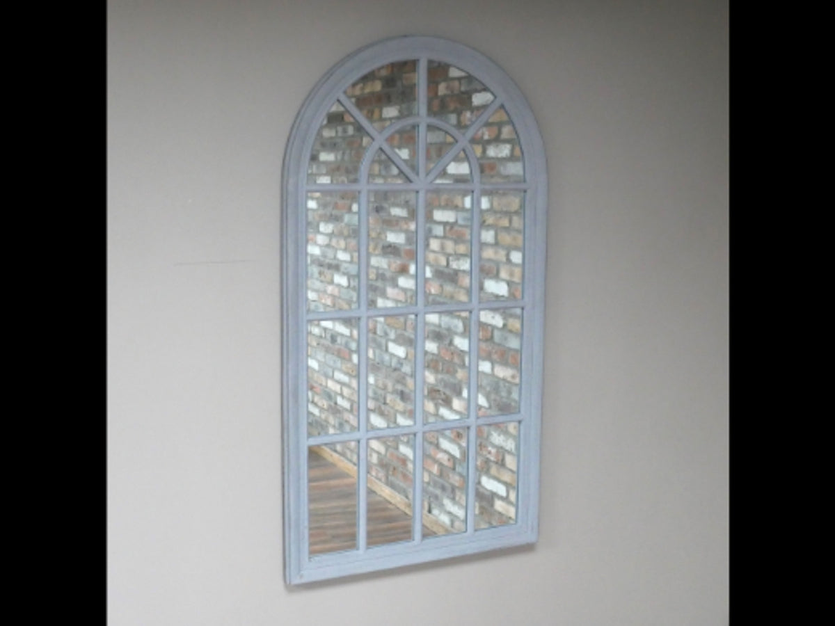 Mirror: Wall Arch Wood Window Panel Distressed - Pale Grey - Maison Rustic
