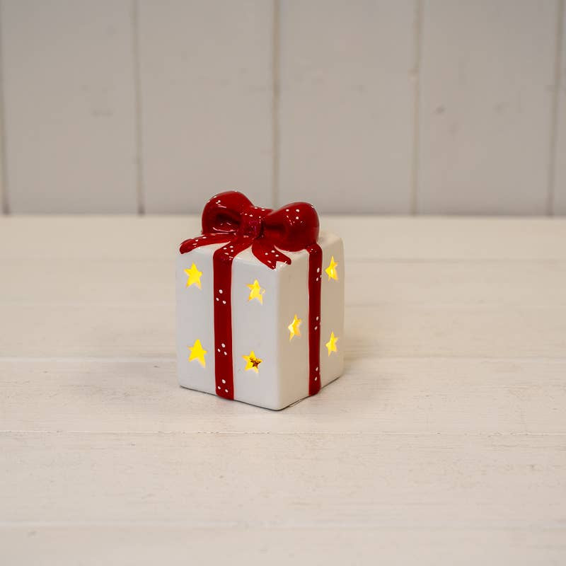 Christmas Ornament : Ceramic House LED With Bow - White & Red - Satchville Gifts Co