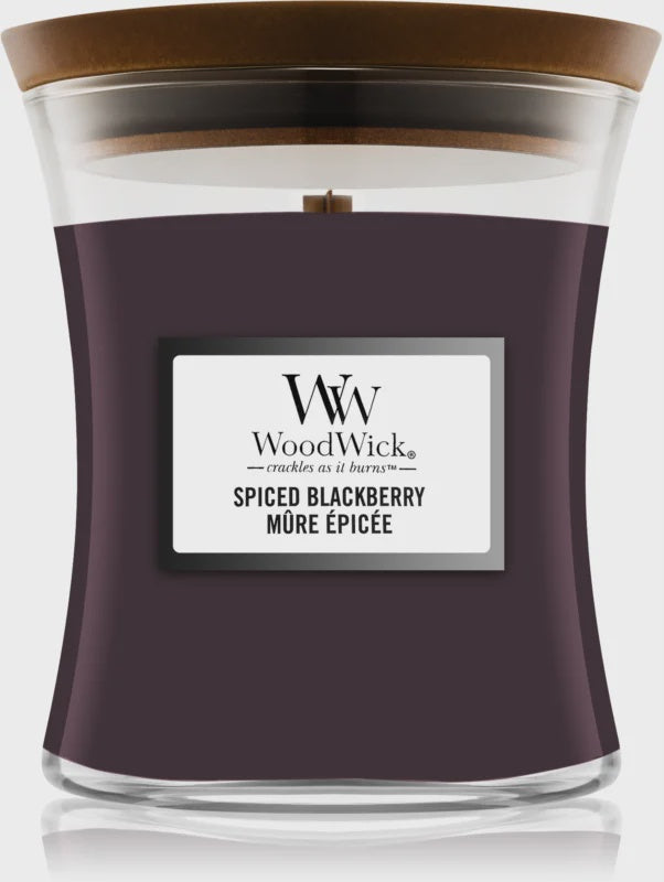 Candle: Scented Woodwick Glass Tall Jar w Wood Lid Stand 10oz - Spiced Blackberry