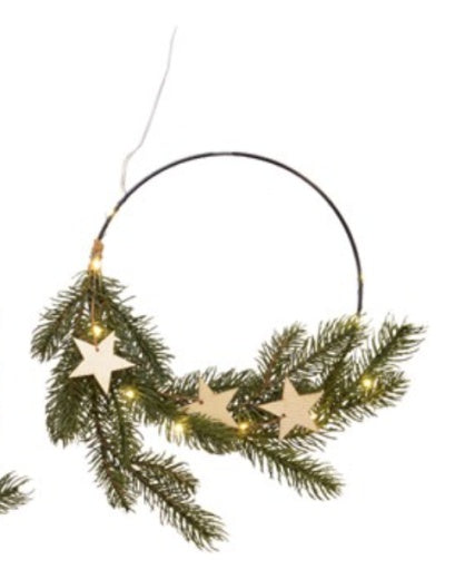 Wreath LED: Wire Circle Small Leaf Wood Stars - Green