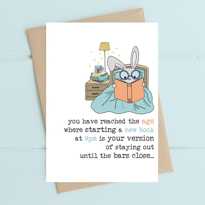 Birthday Card: Age New Book 9pm Staying Out Rabbit Bed - DANDELION Staionery
