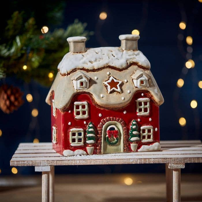 Christmas Tea Light Holder: Ceramic Christmas Cottage Embossed Stoneware - Red - Langs