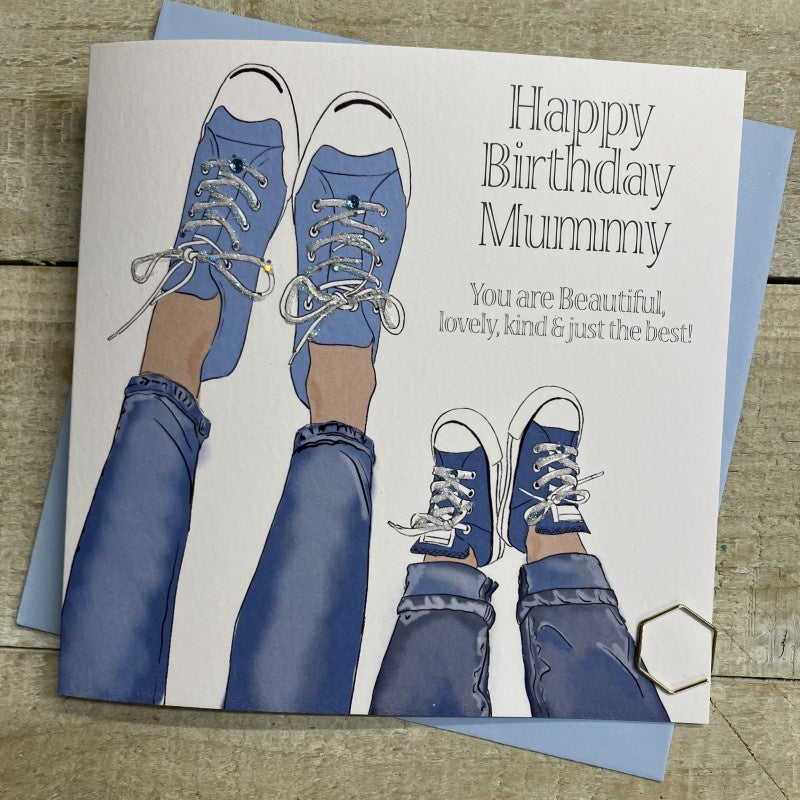 Mummy Card: Big Little Converse Shoes Handmade Crystals - Blue - White Cotton Cards