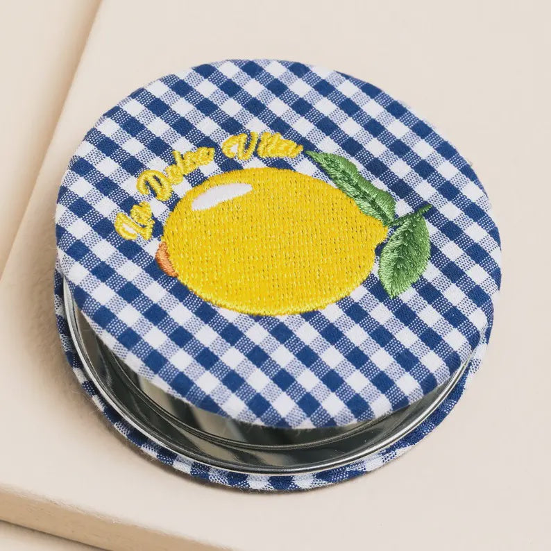 Compact Mirror: Round Fabric Lemon Dolce Vita - Gingham Blue - Lisa Angel